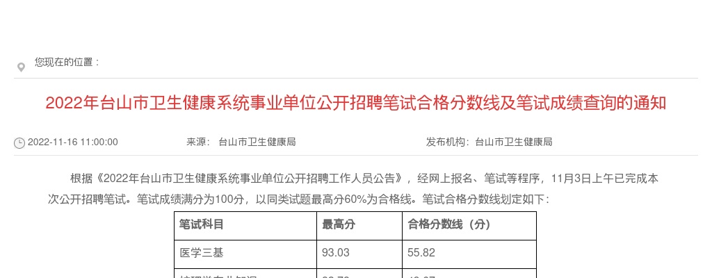 2022年台山市卫生健康系统事业单位公开招聘笔试合格分数线及笔试成绩查询的通知 图片
