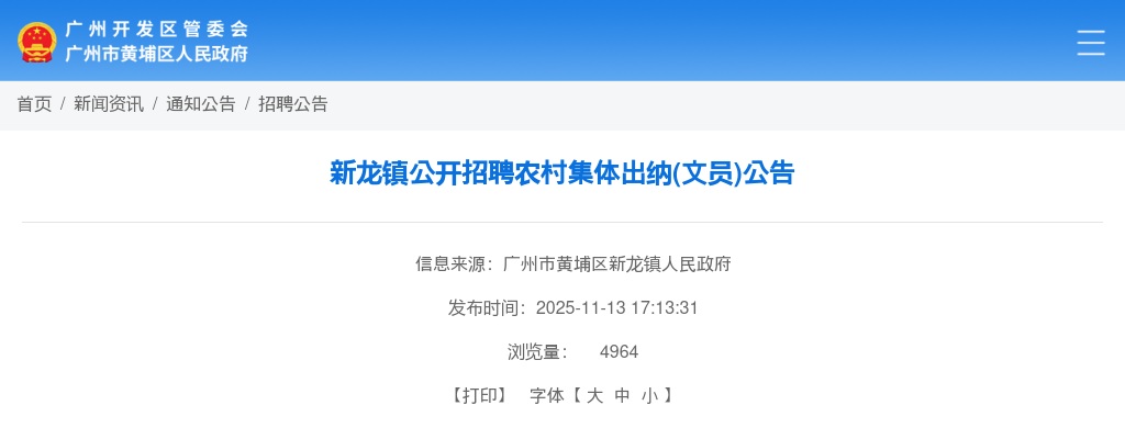 2025广东广州市黄埔区新龙镇招聘农村集体出纳（文员）1人公告进入阅读模式 图片