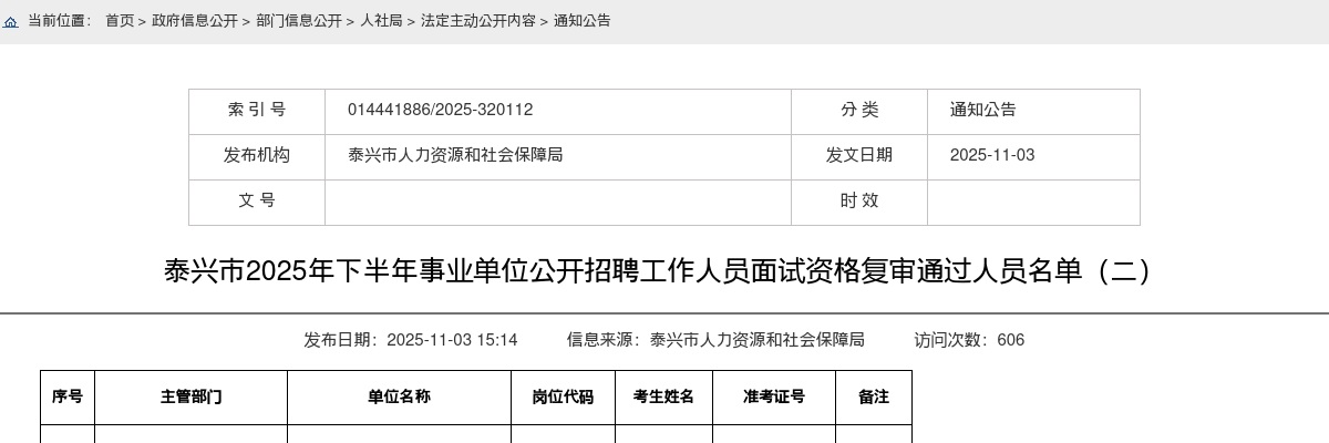 2025下半年江苏泰州市泰兴市事业单位招聘面试资格复审通过人员名单（一）                进入阅读模式 图片
