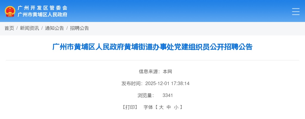 2025广东广州市黄埔区人民政府黄埔街道办事处党建组织员招聘1人公告进入阅读模式 图片