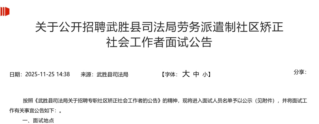 关于公开招聘武胜县司法局劳务派遣制社区矫正社会工作者面试公告 图片